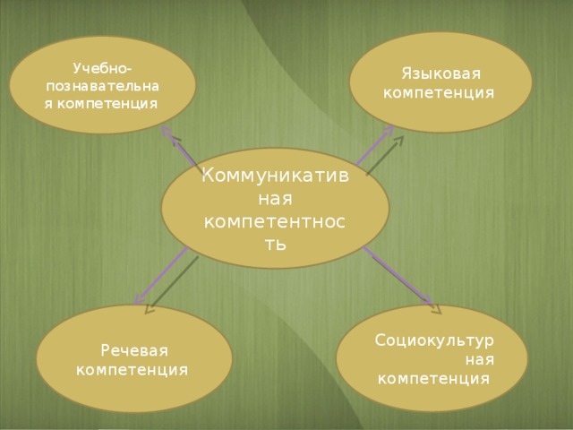 Языковая компетенция Учебно-познавательная компетенция Коммуникативная компетентность Речевая компетенция Социокультурная компетенция 