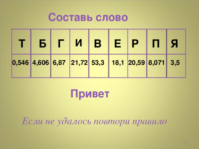 Составь слово Б Я Г П И Е В Р Т 0,546 4,606 6,87 21,72 53,3 18,1 20,59 8,071 3,5 Привет Если не удалось повтори правило  