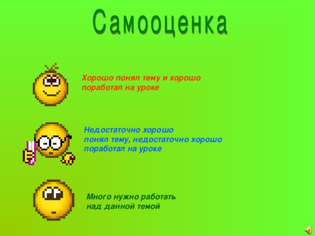 Хорошо понял тему и хорошо поработал на уроке Недостаточно хорошо понял тему, недостаточно хорошо  поработал на уроке Много нужно работать над данной темой 