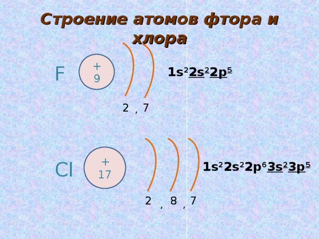 Строение атомов фтора и хлора + 9 F 1s 2 2s 2 2p 5 2 7 2 7 , , + 17 Cl 1s 2 2s 2 2p 6 3s 2 3p 5 2 8 7 2 8 7 , , , , , 