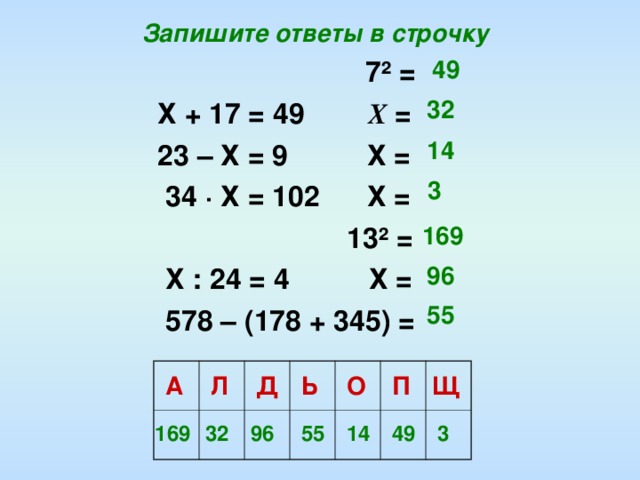 Запишите ответы в строчку   7 ² =  Х + 17 = 49 Х =  23 – Х = 9 Х =  34 · Х = 102 Х =    13 ² =  Х : 24 = 4 Х =    578 – (178 + 345) =  49 32 14 3 169 96 55 Щ П О Д А Л Ь 49 169 96 55 14 3 32