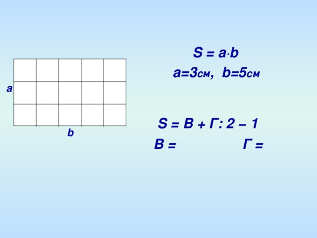 S = a ·b    а=3 см , b =5 см    S =   В + Г: 2 − 1  В = Г = а b