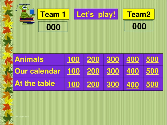 Let’s play! Animals Our calendar At the table 200 300 400 500 100 400 100 300 200 500 500 300 100 200 400