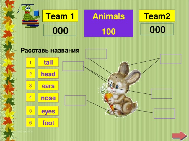 Animals 100 Расставь названия tail 1 head 2 ears 3 4 nose eyes 5 foot 6