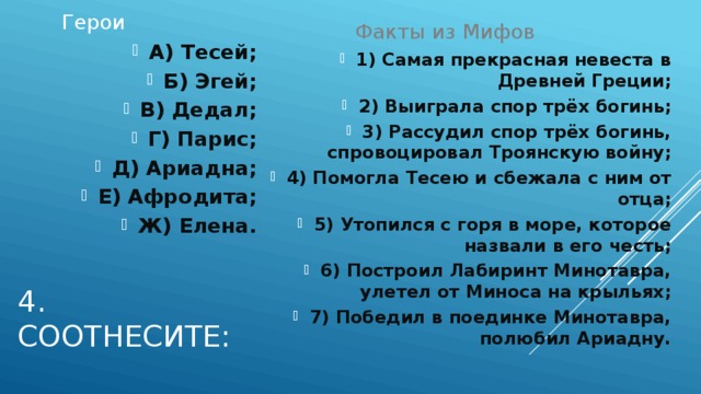 Герои Факты из Мифов А) Тесей; Б) Эгей; В) Дедал; Г) Парис; Д) Ариадна; Е) Афродита; Ж) Елена. 1) Самая прекрасная невеста в Древней Греции; 2) Выиграла спор трёх богинь; 3) Рассудил спор трёх богинь, спровоцировал Троянскую войну; 4) Помогла Тесею и сбежала с ним от отца; 5) Утопился с горя в море, которое назвали в его честь; 6) Построил Лабиринт Минотавра, улетел от Миноса на крыльях; 7) Победил в поединке Минотавра, полюбил Ариадну. 4. Соотнесите: 