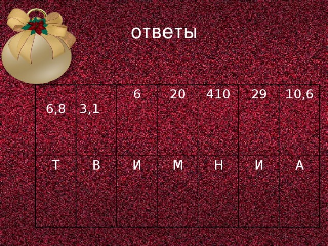 ответы  6,8  3,1 Т 6 В 20 И 410 М 29 Н 10,6 И А