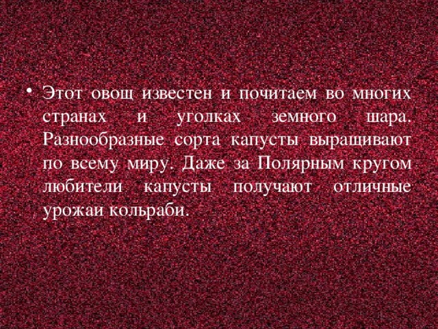 Этот овощ известен и почитаем во многих странах и уголках земного шара. Разнообразные сорта капусты выращивают по всему миру. Даже за Полярным кругом любители капусты получают отличные урожаи кольраби.