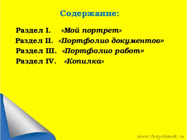 Содержание: Раздел I. «Мой портрет»  Раздел II.  «Портфолио документов »  Раздел III.  «Портфолио работ » Раздел IV. «Копилка» 