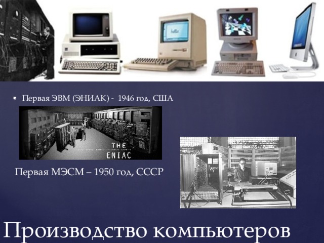 Первая ЭВМ (ЭНИАК) - 1946 год, США Первая МЭСМ – 1950 год, СССР Производство компьютеров 