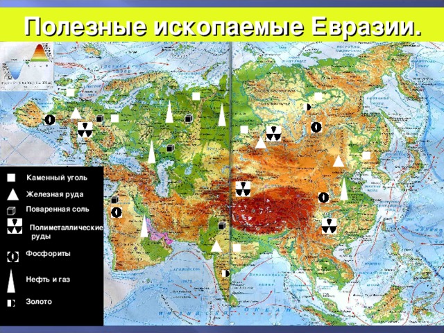 Полезные ископаемые Евразии. Каменный уголь Железная руда Поваренная соль Полиметаллические  руды Фосфориты Нефть и газ Золото 