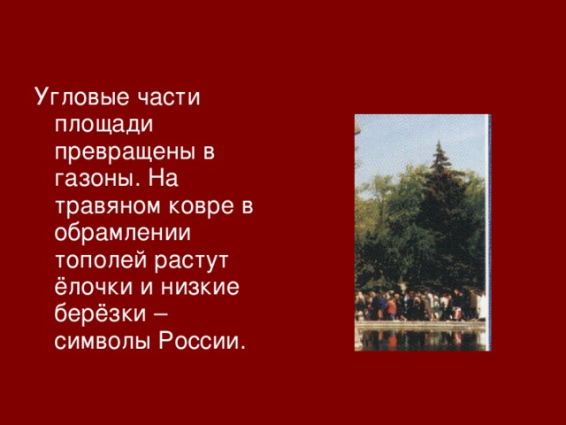 Угловые части площади превращены в газоны. На травяном ковре в обрамлении тополей растут ёлочки и низкие берёзки – символы России. 