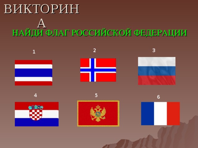 ВИКТОРИНА НАЙДИ ФЛАГ РОССИЙСКОЙ ФЕДЕРАЦИИ 2 3 1 4 5 6  