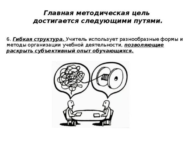 Главная методическая цель  достигается следующими путями. 6. Гибкая структура. Учитель использует разнообразные формы и методы организации учебной деятельности, позволяющие раскрыть субъективный опыт обучающихся. 