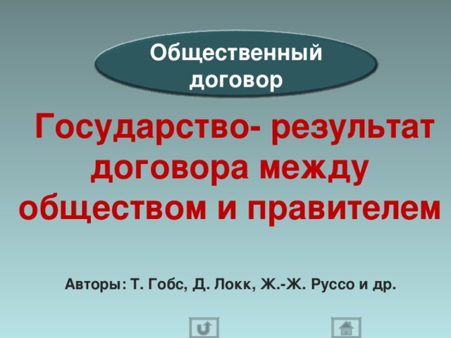 Общественный договор  Государство- результат договора между обществом и правителем Авторы: Т. Гобс, Д. Локк, Ж.-Ж. Руссо и др. 