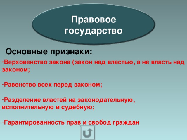 Правовое государство Основные признаки: Верховенство закона (закон над властью, а не власть над законом;  Равенство всех перед законом;  Разделение властей на законодательную, исполнительную и судебную;  Гарантированность прав и свобод граждан 