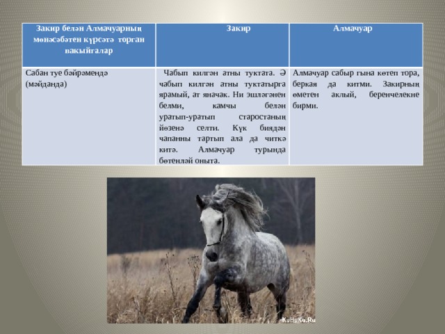 Закир белән Алмачуарның мөнәсәбәтен күрсәтә торган вакыйгалар  Закир Сабан туе бәйрәмендә  Алмачуар (мәйданда)  Чабып килгән атны туктата. Ә чабып килгән атны туктатырга ярамый, ат яначак. Ни эшләгәнен белми, камчы белән уратып-уратып старостаның йөзенә селти. Күк биядән чапанны тартып ала да читкә китә. Алмачуар турында бөтенләй оныта. Алмачуар сабыр гына көтеп тора, беркая да китми. Закирның өметен аклый, беренчелекне бирми. 