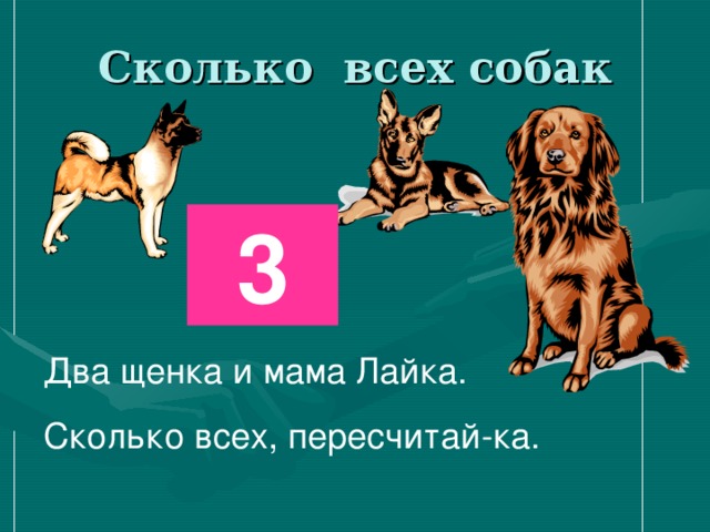 Сколько всех собак 3 Два щенка и мама Лайка. Сколько всех, пересчитай-ка. 