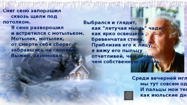 Снег сено запорошил  сквозь щели под потолком.  Я сено разворошил  и встретился с мотыльком.  Мотылек, мотылек,  от смерти себя сберег,  забравшись на сеновал.  Выжил, зазимовал.   Выбрался и глядит,  как 