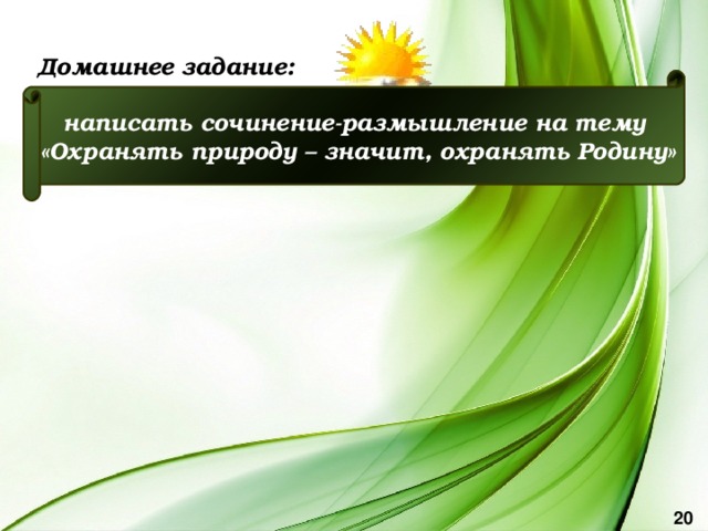 Домашнее задание: написать сочинение-размышление на тему  «Охранять природу – значит, охранять Родину» 20 