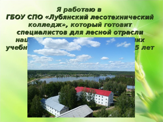 Я работаю в ГБОУ СПО «Лубянский лесотехнический колледж», который готовит специалистов для лесной отрасли нашей страны. Одно из старейших учебных заведений СПО РТ – нам 95 лет 