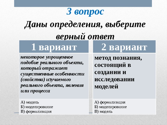 3 вопрос Даны определения, выберите верный ответ 1 вариант некоторое упрощенное подобие реального объекта, который отражает существенные особенности (свойства) изучаемого реального объекта, явления или процесса 2 вариант А) модель Б) моделирование метод познания, состоящий в создании и исследовании моделей В) формализация А) формализация Б) моделирование В) модель 