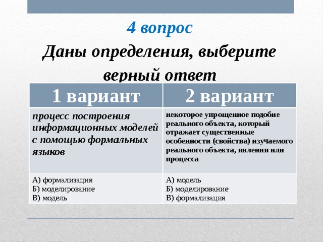 4 вопрос Даны определения, выберите верный ответ 1 вариант 2 вариант процесс построения информационных моделей с помощью формальных языков некоторое упрощенное подобие реального объекта, который отражает существенные особенности (свойства) изучаемого реального объекта, явления или процесса А) формализация Б) моделирование А) модель Б) моделирование В) модель В) формализация 