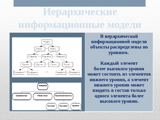 Иерархические информационные модели В иерархической информационной модели объекты распределены по уровням.  Каждый элемент более высокого уровня может состоять из элементов нижнего уровня, а элемент нижнего уровня может входить в состав только одного элемента более высокого уровня.  