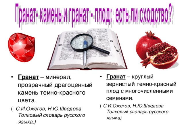 Гранат – круглый зернистый темно-красный плод с многочисленными семенами . ( С.И.Ожегов, Н.Ю.Шведова Толковый словарь русского языка) Гранат – минерал, прозрачный драгоценный камень темно-красного цвета . ( С.И.Ожегов, Н.Ю.Шведова Толковый словарь русского языка.) 