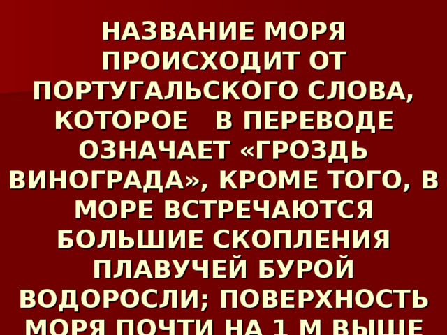 НАЗВАНИЕ МОРЯ ПРОИСХОДИТ ОТ ПОРТУГАЛЬСКОГО СЛОВА, КОТОРОЕ В ПЕРЕВОДЕ ОЗНАЧАЕТ «ГРОЗДЬ ВИНОГРАДА», КРОМЕ ТОГО, В МОРЕ ВСТРЕЧАЮТСЯ БОЛЬШИЕ СКОПЛЕНИЯ ПЛАВУЧЕЙ БУРОЙ ВОДОРОСЛИ; ПОВЕРХНОСТЬ МОРЯ ПОЧТИ НА 1 М ВЫШЕ УРОВНЯ ОКЕАНА   