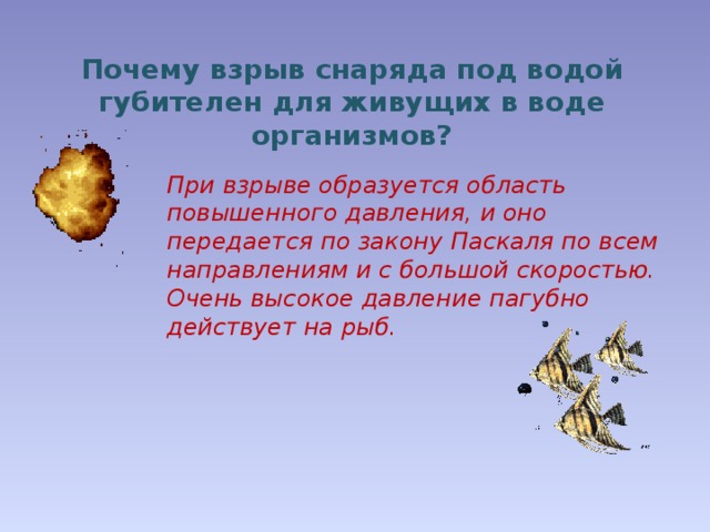 Почему взрыв снаряда под водой губителен для живущих в воде организмов? При взрыве образуется область повышенного давления, и оно передается по закону Паскаля по всем направлениям и с большой скоростью. Очень высокое давление пагубно действует на рыб. 