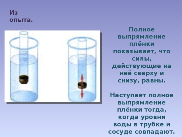 Из опыта.   Полное выпрямление плёнки показывает, что силы, действующие на неё сверху и снизу, равны.  Наступает полное выпрямление плёнки тогда, когда уровни воды в трубке и сосуде совпадают. 