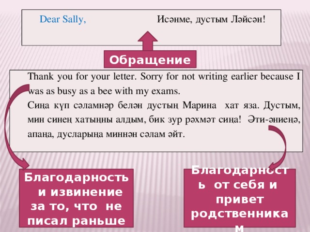 Dear Sally, Исәнме, дустым Ләйсән!  Обращение Thank you for your letter. Sorry for not writing earlier because I was as busy as a bee with my exams. Сиңа күп сәламнәр белән дустың Марина хат яза. Дустым, мин синең хатыңны алдым, бик зур рәхмәт сиңа! Әти-әниеңә, апаңа, дусларыңа миннән сәлам әйт. Благодарность и извинение за то, что не писал раньше Благодарность от себя и привет родственникам 