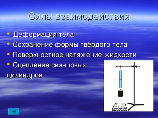 Силы взаимодействия Деформация тела Сохранение формы твёрдого тела Поверхностное натяжение жидкости Сцепление свинцовых цилиндров