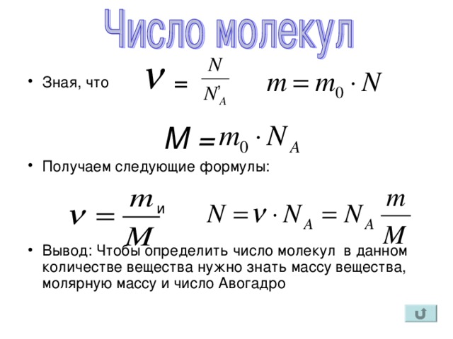 = Зная, что ,   Получаем следующие формулы:   и Вывод: Чтобы определить число молекул в данном количестве вещества нужно знать массу вещества, молярную массу и число Авогадро М =