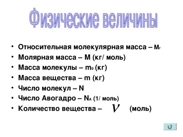 Относительная молекулярная масса –  M r Молярная масса – М (кг/ моль) Масса молекулы – m 0  ( кг) Масса вещества – m (кг) Число молекул – N Число Авогадро – N А  ( 1/ моль) Количество вещества – ( моль )