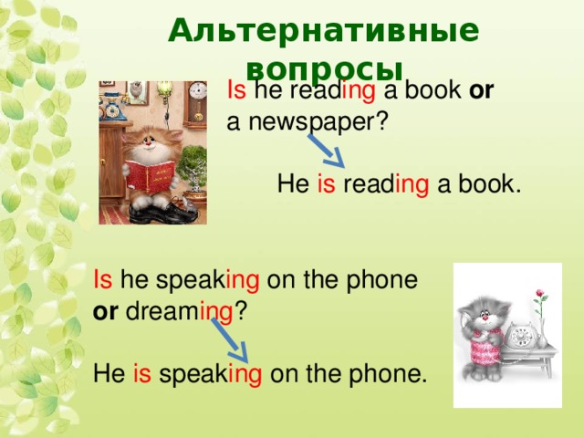 Альтернативные вопросы  Is he read ing a book or    a newspaper?  He is read ing a book. Is he speak ing on the phone  or dream ing ? He is speak ing on the phone. 
