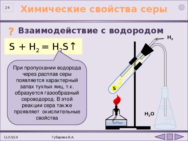 Химические свойства серы 23 Взаимодействие с водородом  ? Н 2 S + H 2 = H 2 S ↑ При пропускании водорода через расплав серы появляется характерный запах тухлых яиц, т.к. образуется газообразный сероводород. В этой реакции сера также проявляет окислительные свойства S Н 2 О . 11/15/16 Губарева В.А. 24 