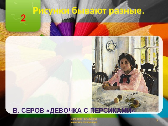 Рисунки бывают разные. 2  ПОРТРЕТ В. Серов «Девочка с персиками» Склярова Н.А. Жанры живописи.Натюрморт.  