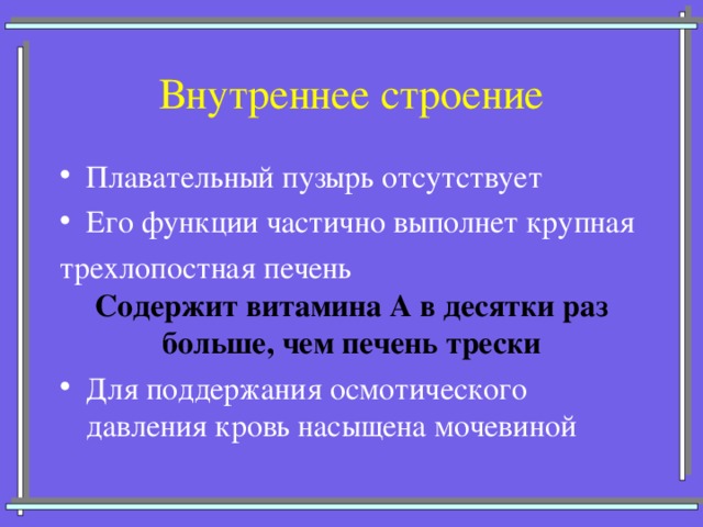 Внутреннее строение Плавательный пузырь отсутствует Его функции частично выполнет крупная трехлопостная печень Содержит витамина А в десятки раз больше, чем печень трески Для поддержания осмотического давления кровь насыщена мочевиной 