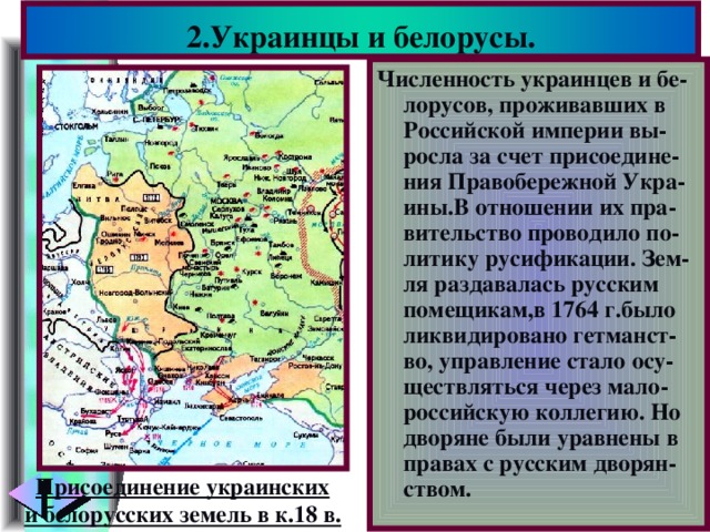 2.Украинцы и белорусы. Численность украинцев и бе-лорусов, проживавших в Российской империи вы-росла за счет присоедине-ния Правобережной Укра-ины.В отношении их пра-вительство проводило по-литику русификации. Зем-ля раздавалась русским помещикам,в 1764 г.было ликвидировано гетманст-во, управление стало осу-ществляться через мало-российскую коллегию. Но дворяне были уравнены в правах с русским дворян-ством. Присоединение украинских и белорусских земель в к.18 в.