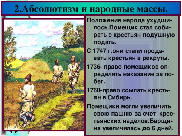 2.Абсолютизм и народные массы. Положение народа ухудши-лось.Помещик стал соби-рать с крестьян подушную подать. С 1747 г.они стали прода-вать крестьян в рекруты. 1736- право помещиков оп-ределять наказание за по-бег. 1760-право ссылать кресть-ян в Сибирь. Помещики могли увеличить свою пашню за счет крес-тьянских наделов.Барщи-на увеличилась до 6 дней.