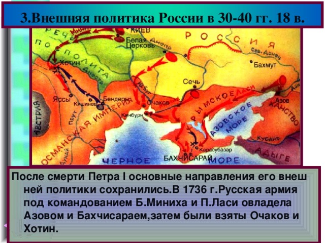 3.Внешняя политика России в 30-40 гг. 18 в. После смерти Петра I основные направления его внеш ней политики сохранились.В 1736 г.Русская армия под командованием Б.Миниха и П.Ласи овладела Азовом и Бахчисараем,затем были взяты Очаков и Хотин.