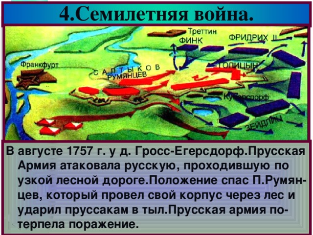 4.Семилетняя война. В августе 1757 г. у д. Гросс-Егерсдорф.Прусская Армия атаковала русскую, проходившую по узкой лесной дороге.Положение спас П.Румян-цев, который провел свой корпус через лес и ударил пруссакам в тыл.Прусская армия по-терпела поражение.