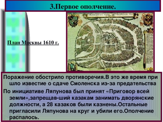 3.Первое ополчение. План Москвы 1610 г. Поражение обострило противоречия.В это же время при шло известие о сдаче Смоленска из-за предательства По инициативе Ляпунова был принят «Приговор всей земли»,запрещав-ший казакам занимать дворянские должности, а 28 казаков были казнены.Остальные пригласили Ляпунова на круг и убили его.Ополчение распалось.