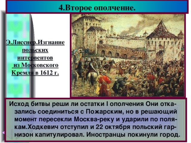 4.Второе ополчение. Э.Лисснер.Изгнание польских интервентов  из Московского Кремля в 1612 г.  Исход битвы реши ли остатки I ополчения Они отка-зались соединиться с Пожарским, но в решающий момент пересекли Москва-реку и ударили по поля-кам.Ходкевич отступил и 22 октября польский гар-низон капитулировал. Иностранцы покинули город.