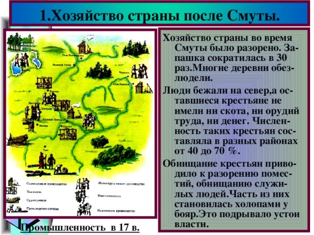 1.Хозяйство страны после Смуты. Хозяйство страны во время Смуты было разорено. За-пашка сократилась в 30 раз.Многие деревни обез-людели. Люди бежали на север,а ос-тавшиеся крестьяне не имели ни скота, ни орудий труда, ни денег. Числен-ность таких крестьян сос-тавляла в разных районах от 40 до 70 %. Обнищание крестьян приво-дило к разорению помес-тий, обнищанию служи-лых людей.Часть из них становилась холопами у бояр.Это подрывало устои власти. Промышленность в 17 в.