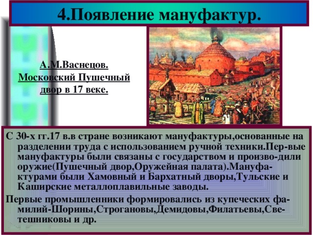 4.Появление мануфактур. А.М.Васнецов. Московский Пушечный двор в 17 веке. С 30-х гг.17 в.в стране возникают мануфактуры,основанные на разделении труда с использованием ручной техники.Пер-вые мануфактуры были связаны с государством и произво-дили оружие(Пушечный двор,Оружейная палата).Мануфа-ктурами были Хамовный и Бархатный дворы,Тульские и Каширские металлоплавильные заводы. Первые промышленники формировались из купеческих фа-милий-Шорины,Строгановы,Демидовы,Филатьевы,Све-тешниковы и др.