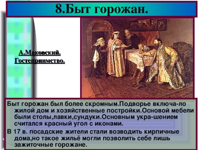 8.Быт горожан. А.Маковский. Гостеприимство. Быт горожан был более скромным.Подворье включа-ло жилой дом и хозяйственные постройки.Основой мебели были столы,лавки,сундуки.Основным укра-шением считался красный угол с иконами. В 17 в. посадские жители стали возводить кирпичные дома,но такое жильё могли позволить себе лишь зажиточные горожане.