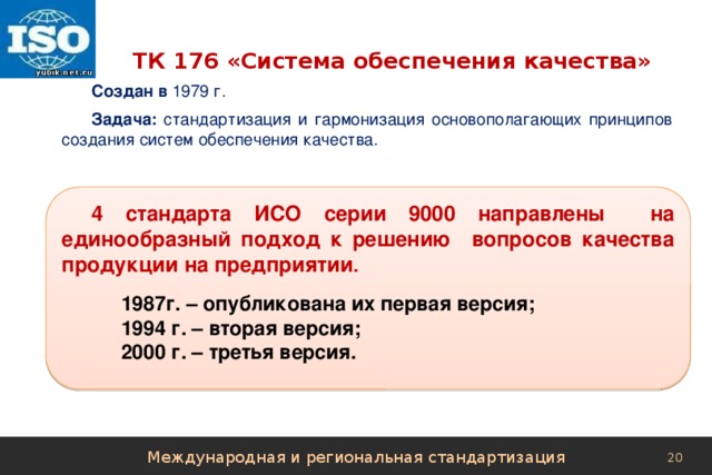 ТК 176 «Система обеспечения качества» Создан в 1979 г. Задача: стандартизация и гармонизация основополагающих принципов создания систем обеспечения качества. 4 стандарта ИСО серии 9000 направлены на единообразный подход к решению вопросов качества продукции на предприятии . 1987г. – опубликована их первая версия; 1994 г. – вторая версия; 2000 г. – третья версия. Международная и региональная стандартизация 