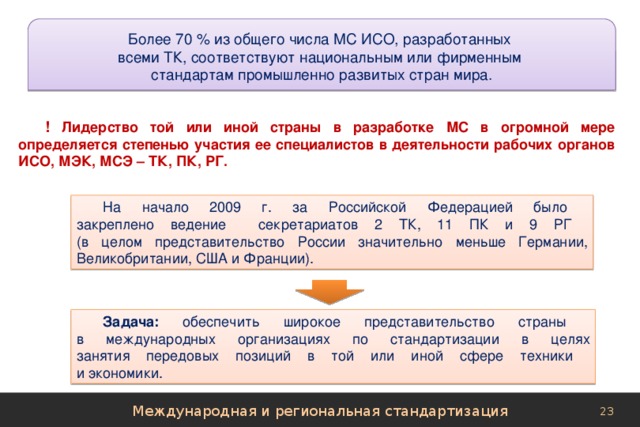 Более 70 % из общего числа МС ИСО, разработанных всеми ТК, соответствуют национальным или фирменным стандартам промышленно развитых стран мира. ! Лидерство той или иной страны в разработке МС в огромной мере определяется степенью участия ее специалистов в деятельности рабочих органов ИСО, МЭК, МСЭ – ТК, ПК, РГ. На начало 2009 г. за Российской Федерацией было  закреплено ведение секретариатов 2 ТК, 11 ПК и 9 РГ  (в целом представительство России значительно меньше Германии, Великобритании, США и Франции). Задача: обеспечить широкое представительство страны  в международных организациях по стандартизации в целях  занятия передовых позиций в той или иной сфере техники  и экономики. Международная и региональная стандартизация 